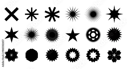 Set of various black starburst and geometric shape silhouettes on white background.