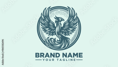 A stylized illustration of a phoenix within a circular logo, accompanied by a brand name and tagline on a clean, light green background, showcasing a vector graphic design element.