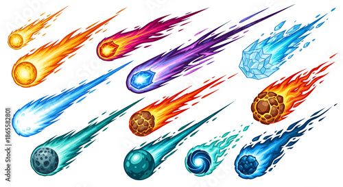 Colorful collection of various stylized meteors and comets with dynamic fiery trails on white background.