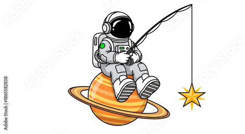 Cartoon astronaut sitting on a planet fishing for a star in space illustration.