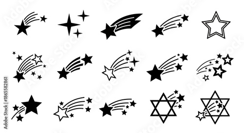 Collection of various black shooting star and star outline icons in different styles.