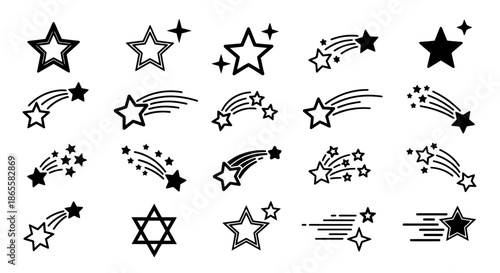 Set of various black and white star and shooting star icons in different styles and shapes.