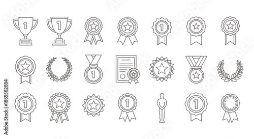 Set of outline icons representing awards, trophies, medals, and certificates for achievements and recognition.