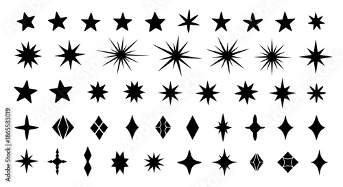 Collection of various black star and diamond silhouette icons on a white background.