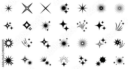 Set of various black starburst and sparkle shapes on white background for graphic design.