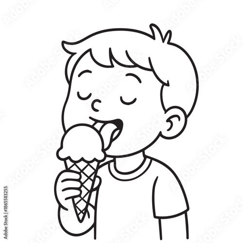 Simple cute vector of a young boy licking ice cream from a cone, joyful expression highlighting summer vibes, childhood happiness, sweet snacks, and friendly playful illustration style today.