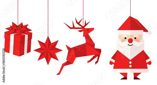 Festive Christmas illustration with Santa Claus, reindeer, star, and gift decorations in red and white.