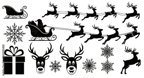 Silhouette collection of reindeer, sleigh, snowflakes, and Christmas themed icons for festive design.