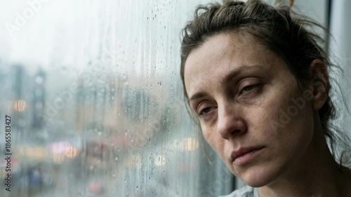 Caregiver burnout fatigue stress sad tired woman at rainy window reflection depression worry loneliness mental health emotional stress fatigue