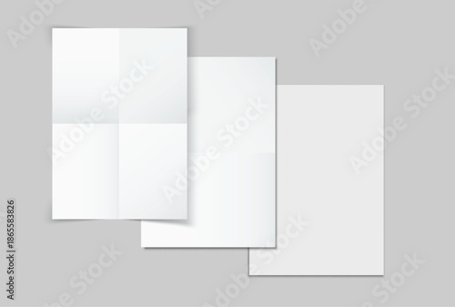 Blank folded paper mockup isolated on neutral background, minimal stationery templates with different crease styles for brochure, leaflet, flyer, document design, print layout and copy space.