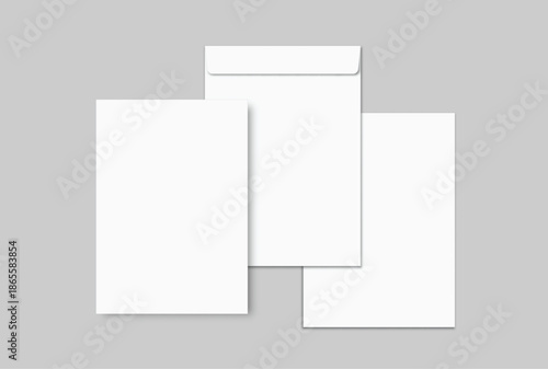 Empty Template Mockup paper and white envelope isolated on background, clean stationery layout for branding, corporate identity, letter design, invitation template, mailing concept, copy space ready.