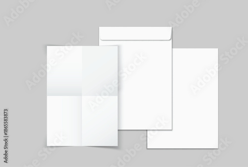 Empty Template Mockup paper and white envelope isolated on background, clean stationery layout for branding, corporate identity, letter design, invitation template, mailing concept, copy space ready.