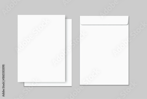 Empty Template Mockup paper and white envelope isolated on background, clean stationery layout for branding, corporate identity, letter design, invitation template, mailing concept, copy space ready.