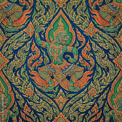 Photography Majestic Hanuman: Mythical Thai Monkey Warrior on Ornate Blue Pattern