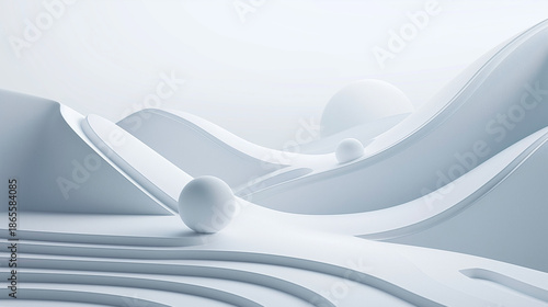 Abstract 3D rendering of smooth white spheres navigating an undulating, minimalist landscape with gentle curves and slopes, creating a serene and fluid visual experience