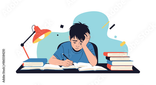 Overwhelmed young boy student resting his head on his hand while surrounded by tall stacks of books and a red desk lamp at night.