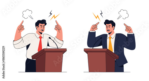 Two intense male politicians in suits arguing and gesturing animatedly from behind podiums with anger symbols floating above them.