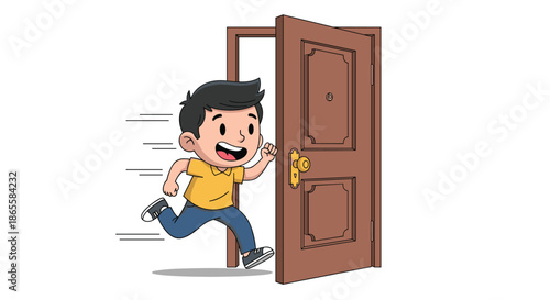 Happy young boy excitedly running out of a brown open door, depicted with several motion lines to show his exceptionally fast speed.