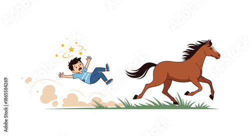 Cartoon illustration of a young boy falling backwards off a galloping brown horse onto a grassy path with thick dust clouds.