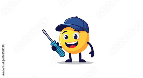 Friendly yellow emoji character wearing a blue cap and holding a large blue screwdriver as if ready for a professional repair task.