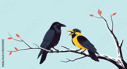 Raven and a smaller yellow breasted bird perched together on a bare winter tree branch under a clear and light blue sky setting.