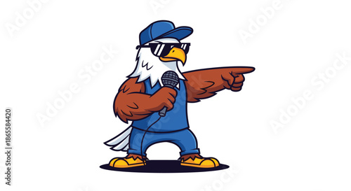 Cool cartoon eagle wearing dark sunglasses, a cap, and a blue vest while holding a microphone and pointing forward on a white background.