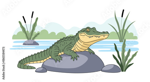 Large green crocodile resting on a grey rock by the edge of a calm blue swamp with tall green reeds in the blurry background.