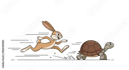 Energetic hare running fast past a determined slow tortoise in a classic race scene from the famous and educational children's fable.
