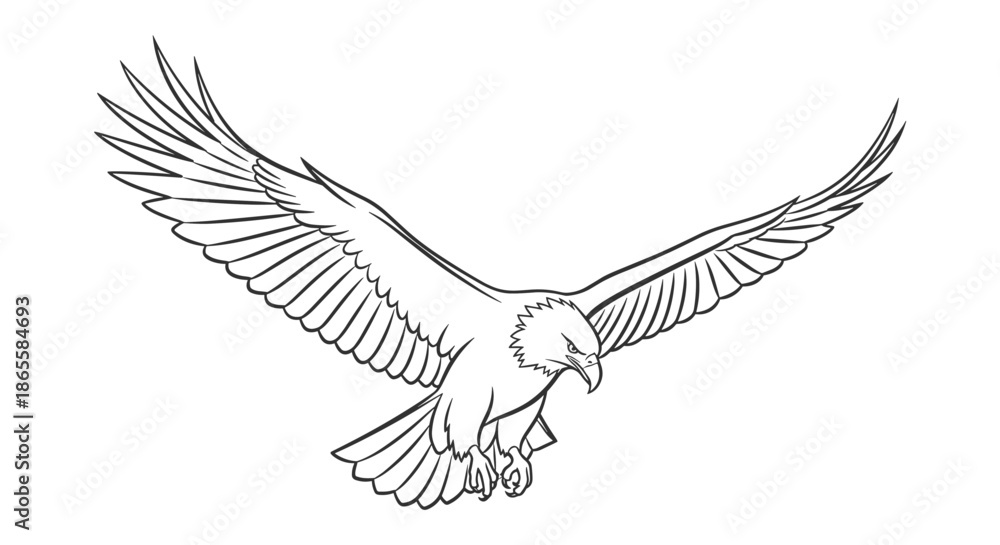 Fototapeta premium Majestic bald eagle spreads its powerful wings while soaring through the sky in this detailed black and white line art illustration.