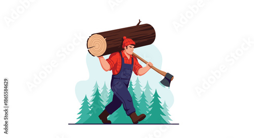 Strong lumberjack in red plaid shirt and blue overalls walks through a pine forest carrying a large wooden log and a sharp metal axe.