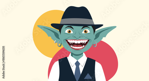 Creepy green goblin character with pointed ears and sharp teeth wears a black hat and vest while grinning broadly at the camera.