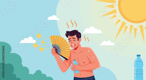 Overheated man suffers from intense summer heat under a scorching sun while using a hand fan and drinking water for relief outdoors.