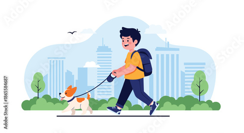 Young boy with a backpack walks his small dog on a leash through a city park with high-rise buildings and green trees in the background.
