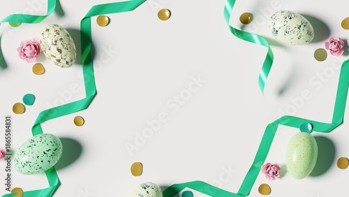3D Illustration. Flat lay Colorful Easter Eggs on white background. 3D Rendering © aanbetta