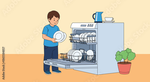 Responsible young boy in a blue shirt helps with household chores by carefully loading clean white plates into the kitchen dishwasher.