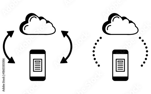 スマホとクラウドのデータの同期イメージ 白黒イラスト mobile cloud sync illustration