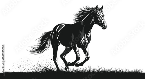 Powerful black horse gallops at full speed through a field of tall grass while kicking up dust in this dramatic black and white image.