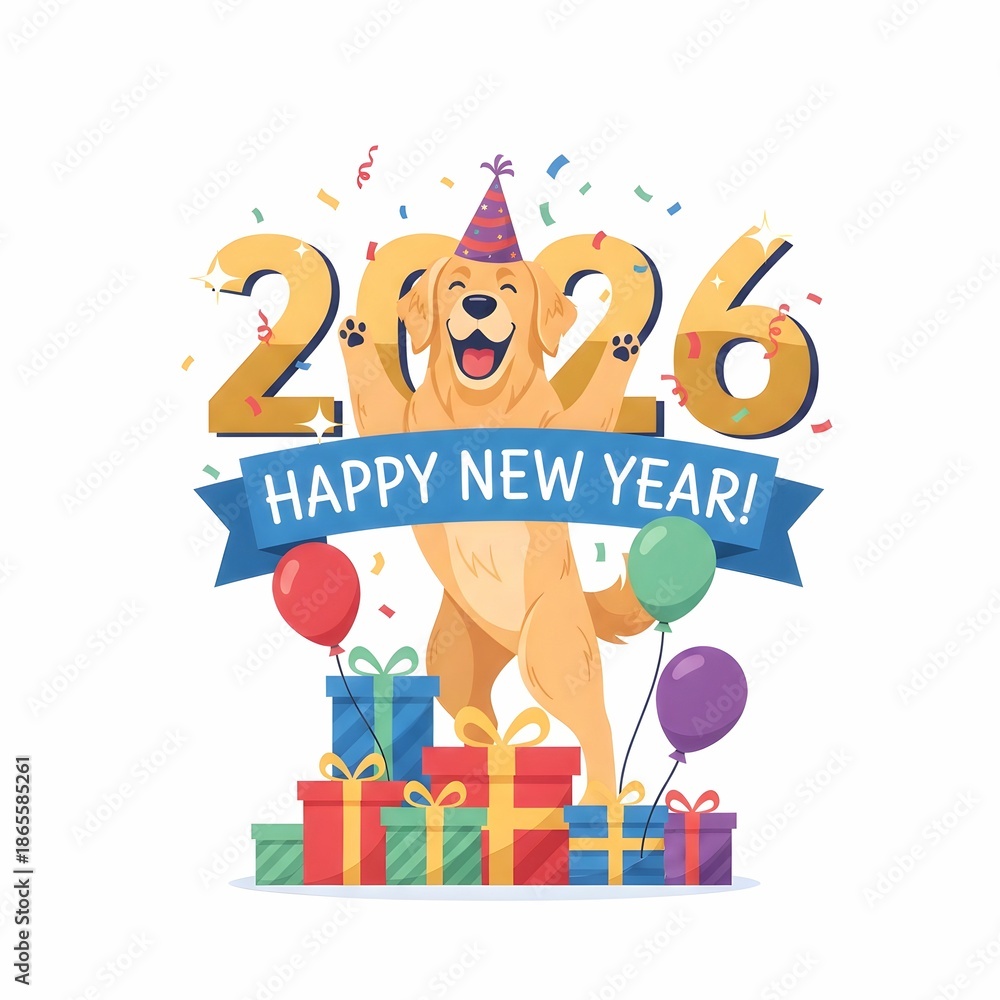 Obraz premium Happy New Year 2026 Celebration with Cute Golden Retriever Dog and Gift Boxes