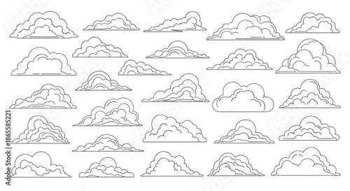 Collection of various stylized line art clouds in different shapes and sizes are arranged neatly on a plain white background for design.