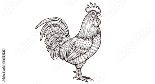 Detailed vintage line art drawing of a proud rooster standing with its head held high and showing its magnificent tail feathers.