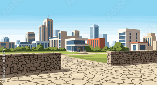 Modern city landscape shows a paved park entrance with stone walls and various office buildings under a clear blue sky on a sunny day.