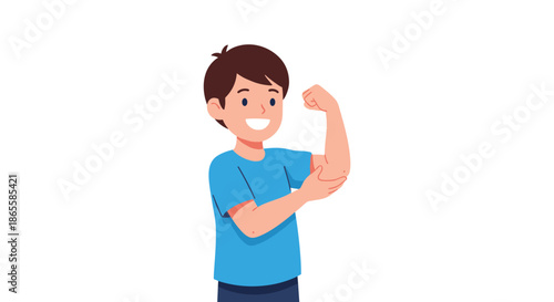 Strong young boy in a blue t-shirt smiles confidently while flexing his bicep muscle to show off his health and physical strength.