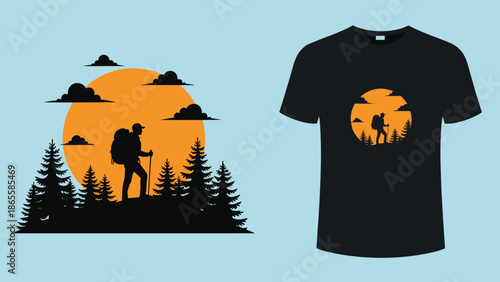 Silhouette of hiker with backpack standing in pine forest against big orange sunset, adventure t-shirt design, cad drawing flat vector illustration.