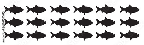 collection of uniform black fish silhouettes arranged 