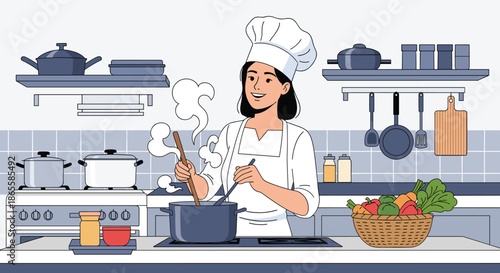 Female chef in a white uniform and hat happily cooks a nutritious meal by stirring a large steaming pot in a well-stocked kitchen.