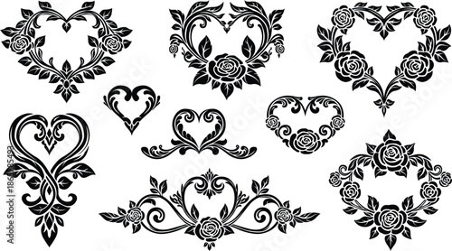 Collection of elegant vintage ornate heart vector elements with floral scrollwork and intricate filigree details, perfect for decorative design projects like invitations