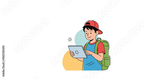 Young male student with a backpack and a red baseball cap backwards uses his tablet computer while standing in front of a colorful wall.
