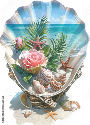 Coastal Dream Within a Shell: A curated composition where seashells cradle a miniature seaside tableau, featuring a delicate rose, vibrant starfish, and verdant palm leaves.