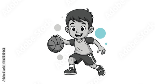 Cheerful cartoon boy skillfully dribbling a basketball with a smile, isolated on a white background with decorative blue circles.