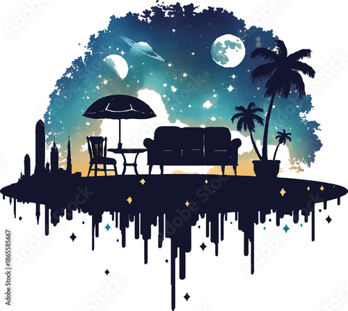 Celestial Relaxation: An enchanting illustration that seamlessly blends the tranquility of a tropical paradise with the vastness of the cosmos, under a canopy of stars and celestial bodies.